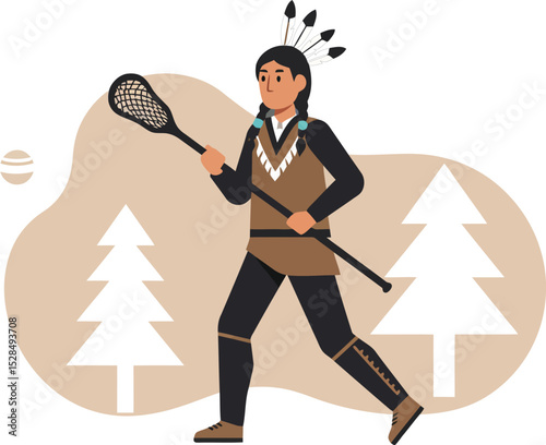 Woman playing lacrosse sport with stick and ball in outdoor natural setting vector illustration 