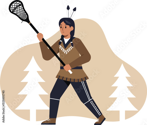Female lacrosse player holding stick with trees background vector illustration in action pose 