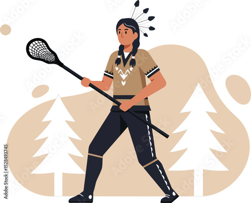 Female lacrosse player with stick in action on outdoor field with pine trees behind vector illustration 