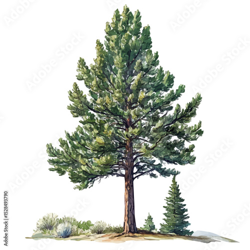 A Lodgepole Pine Tree, watercolor clipart vector, high quality, isolated on a white background.