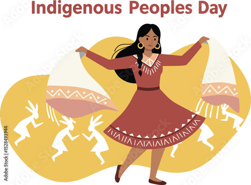 Indigenous Peoples Day Dancing Woman Celebrating Native Culture with Traditional Dress and Symbols