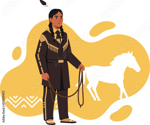 Native American man standing with horse illustration in traditional outfit vector art design 