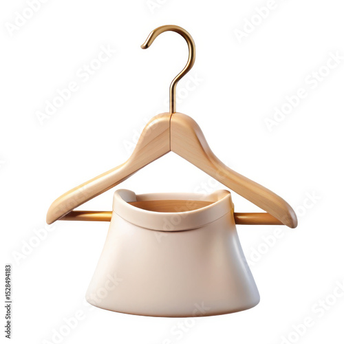 3d render of a beige baby dress on a wooden hanger isolated on white background