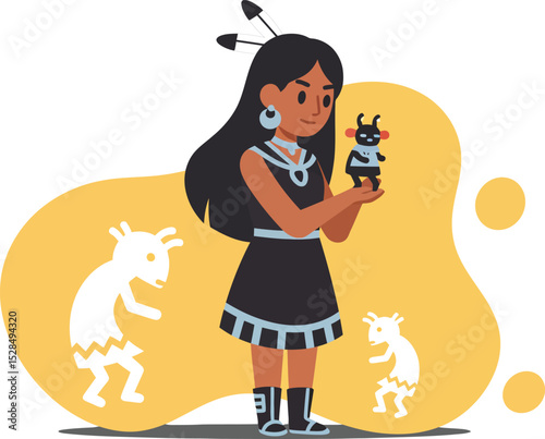 Native American girl holding traditional figurine with symbolic shadow animals in yellow background vector illustration 