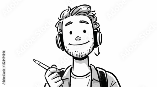 A young male artist with headphones and a stylus smiles happily as he works on a digital project with his drawing tablet in a bright and modern workspace.