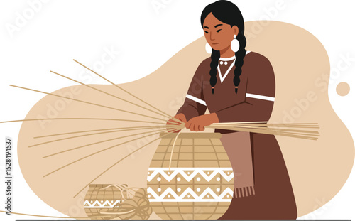 Native American woman weaving traditional basket with natural materials in cultural craft scene vector illustration 
