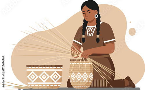 Native American woman weaving traditional baskets with natural materials in cultural craft illustration 