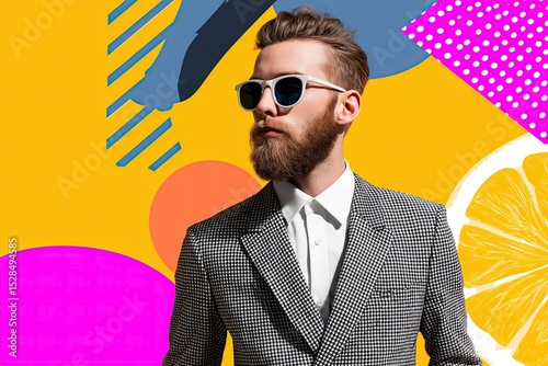 Elegant businessman in checkered suit and sunglasses, modern pop background, fashion concept