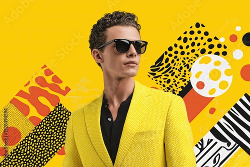 Young man in yellow suit and black sunglasses on vibrant abstract background, confident style