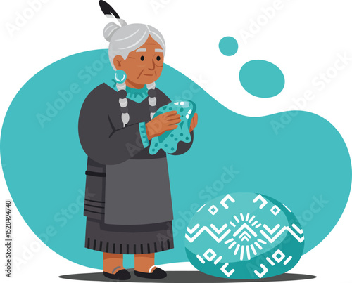 Native American Elder Woman Holding a Traditional Pottery Vessel with Decorative Patterns Vector Illustration 