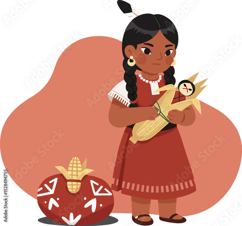 Native American girl holding corn doll with traditional pottery and autumn background vector illustration 