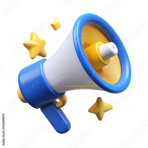 3d megaphone with stars isolated on white background