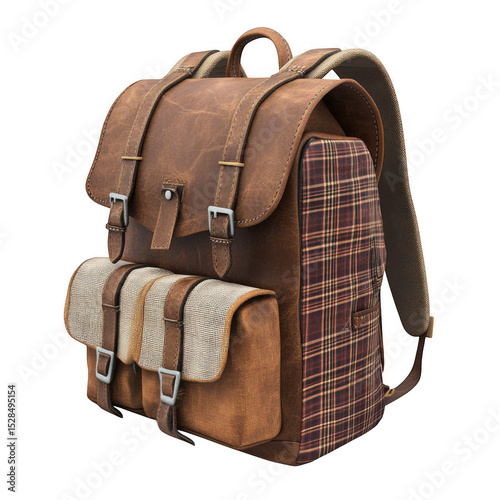 Vintage brown leather backpack isolated on transparent background