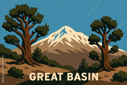 Great Basin National Park Ancient Bristlecone Pines with Snow-capped Peaks.eps