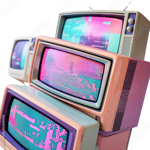 Vintage television sets stacked retro tvs with glitch art screens old technology display devices nineties era