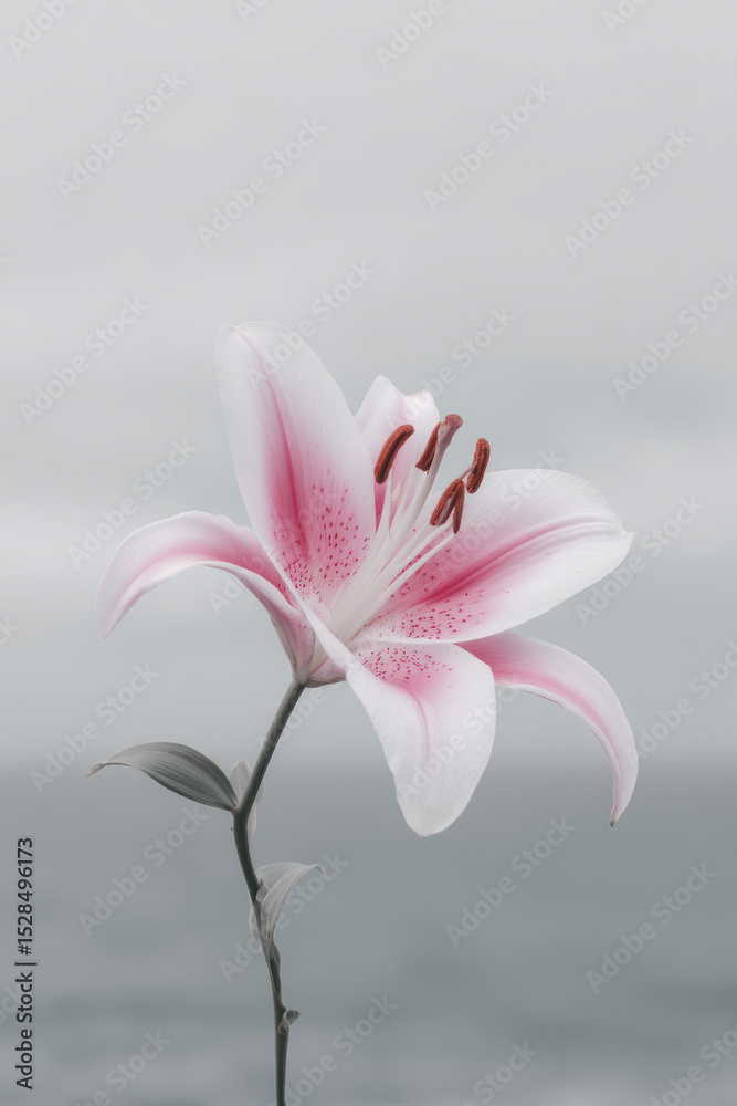 Fototapeta premium single lily flower on gray background soft light minimalist composition focus on flower