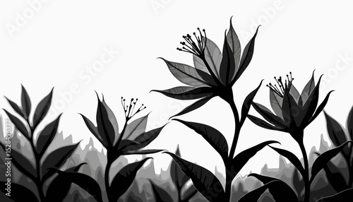 Black and white silhouette of flowering plants against a light background  