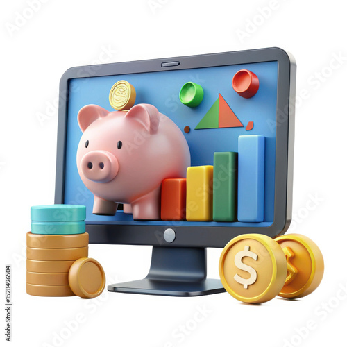 3d piggy bank on computer screen with coins isolated on white background