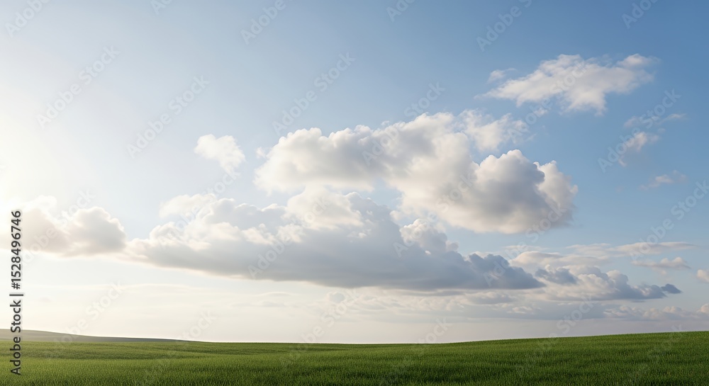 Fototapeta premium Green Field Under Blue Sky with Puffy White Clouds on Sunny Day