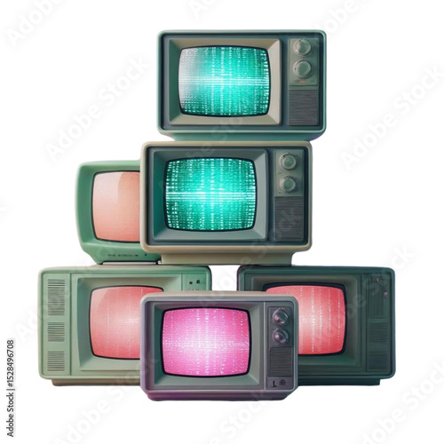 Retro television sets stack vintage tv display old technology and screen static television broadcasting media art