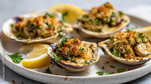 assorted stuffed clams with lemon slices, breadcrumbs, and fresh herbs on a light stone surface