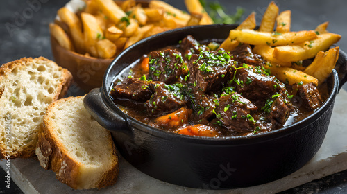carbonnade flamande with fries and rustic bread on a light stone surface