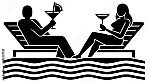 Couple relaxing poolside with cocktails summer vacation