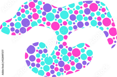 An abstract organic shape with smooth edges, decorated with colored dots in varying sizes, in a sketch style.