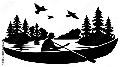Man canoeing peaceful lake birds forest