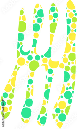 Smooth curved sketch with multiple filaments filled with small colored dots.