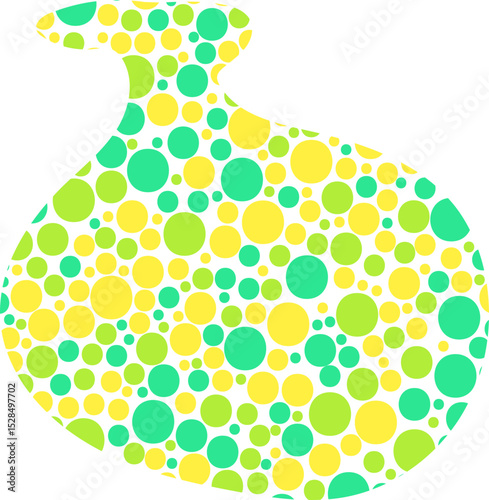 Abstract shape with smooth curves resembling handwriting, sketched with clean lines, filled with small colored dots.