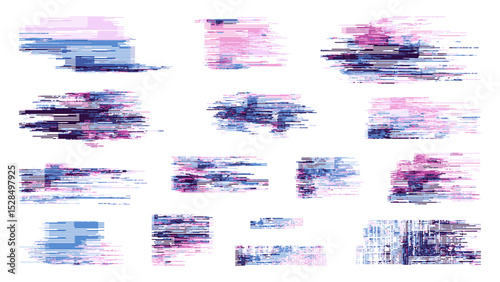 Abstract digital glitch pixel art set for aesthetic graphic design, video games, cyberpunk, modern web and app interface. Vector graphics.