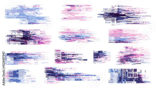 Glitch elements vector pixel art collection for digital decay effect. Abstract geometric design for screen distortion. Vector graphics.