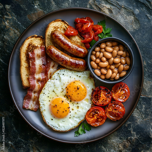 Professional food photography, overhead view of a classic full English breakfast with fried eggs, crispy bacon, sausage links, grilled tomato halves, baked beans in a ramekin, and buttered toast, arr