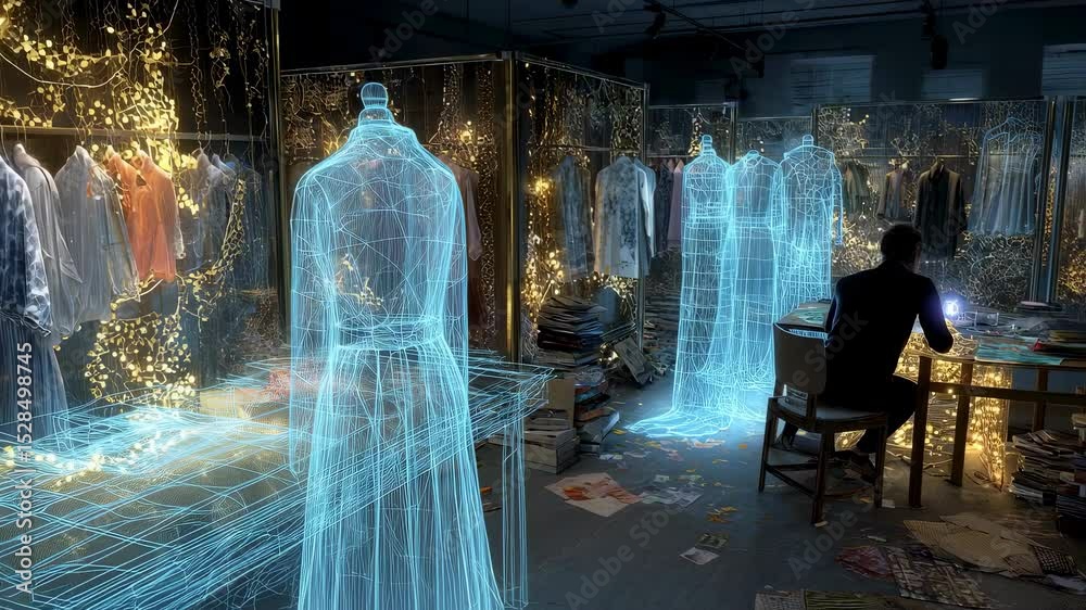 High tech fashion designer manipulating holographic dress prototype using digital pen within immersive technological workspace, representing cutting edge digital creativity