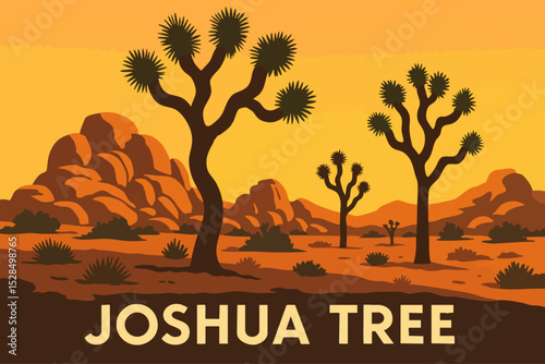 Joshua Tree National Park Desert Landscape with Twisted Joshua Trees at Sunset