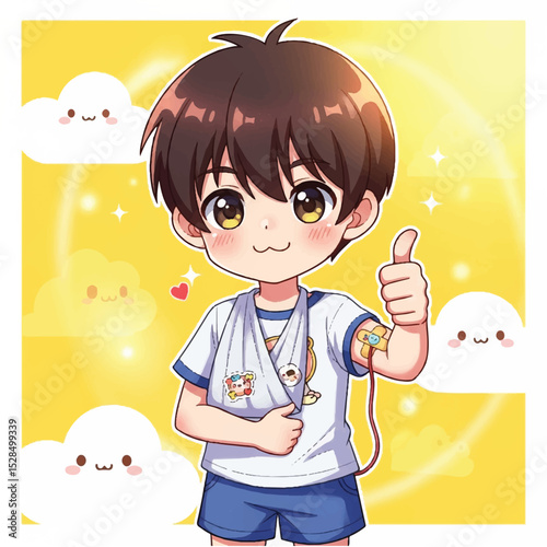 Adorable Cartoon Boy with Bandage and IV, Thumbs Up Illustration
