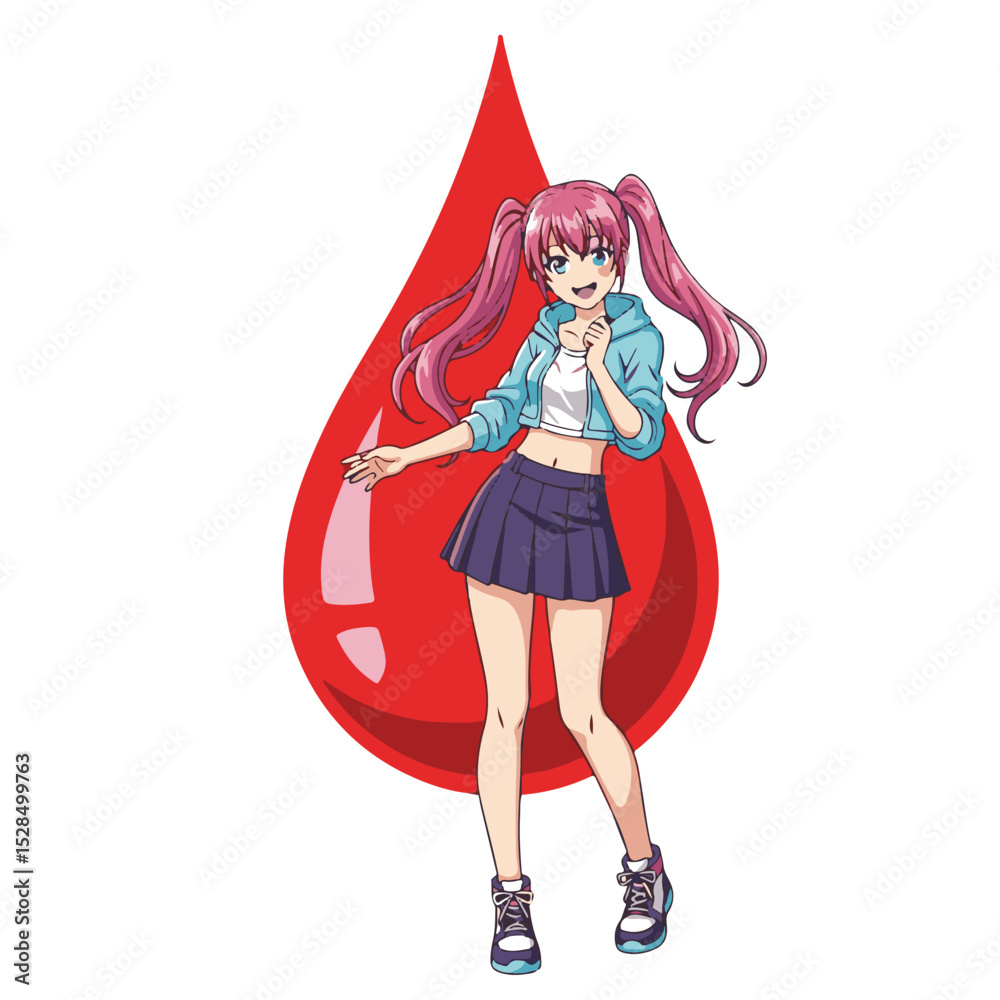 Fototapeta premium Vibrant Anime Girl Illustration Stylish Pose with Blood Drop Background