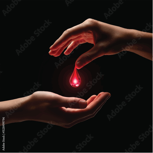 Red Blood Drop Transferred Between Hands A Symbol of Life, Care, and Giving