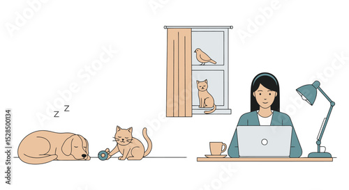 Remote Work Companions: Woman, Pets, and Productivity