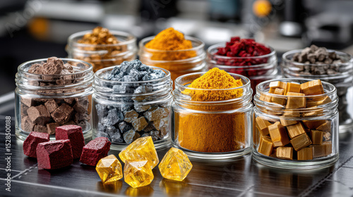 Rare earth elements in laboratory setting with colorful mineral samples for scientific analysis and research