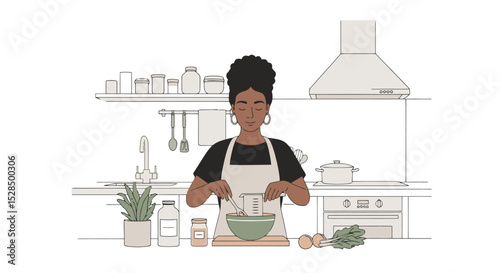 Woman Cooking in Kitchen - Minimalist Illustration