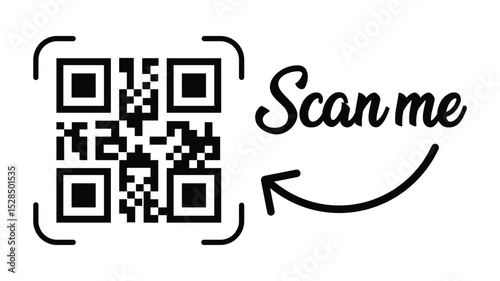 Minimalist black & white QR code centered, grid squares visible. Simple outline frame. "Scan me" handwritten text above, curved arrow icon around. Clean, flat lighting, neutral.