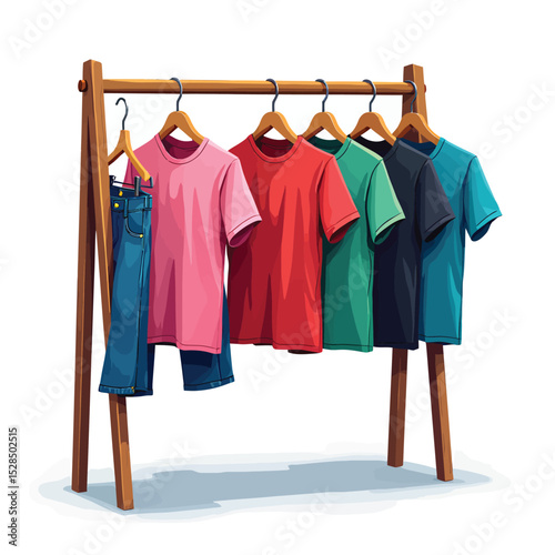 Clothing rack with colorful t shirts and jeans for apparel fashion and retail display concept design