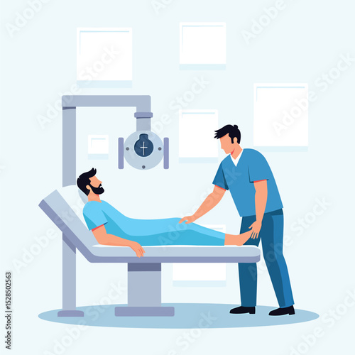 Medical imaging x ray scan procedure with patient and doctor in hospital for diagnosis and treatment