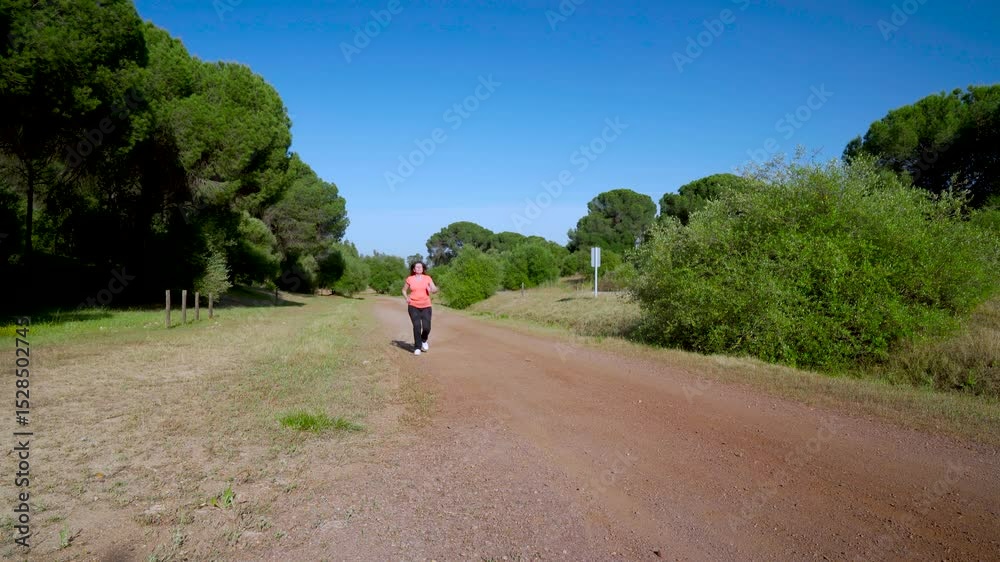 Mujer corriente corriendo por el bosque un día soleado con cielo azul.