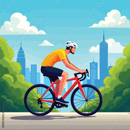 Man riding red bicycle in city park for fitness and recreation outdoor activity healthy lifestyle exercise