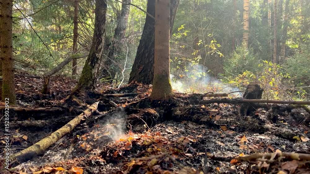 White smoke rising from smoldering fallen foliage and tree branches in autumn forest. Wildforest fire as an ecological disaster. Forest fire spreading through dense woodland. Smoldering combustion. White smoke rising from smoldering fallen foliage and tree branches in autumn forest. Wildforest fire as an ecological disaster. Forest fire spreading through dense woodland. Smoldering combustion.
