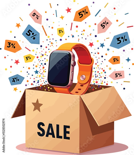 Smartwatch sale promotion with discount offer in box for online shopping and retail deals event