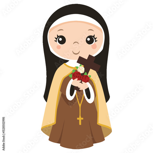 Cute Cartoon Saint holding Cross and Roses Illustration
